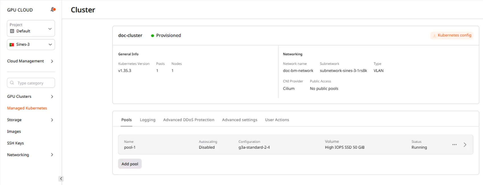 Cluster overview page with Kubernetes config button highlighted