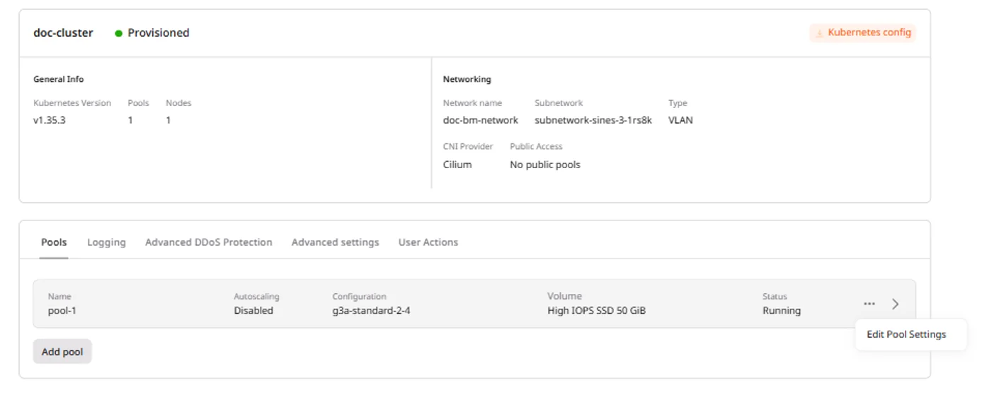 Pool actions menu showing Edit Pool Settings and Delete options