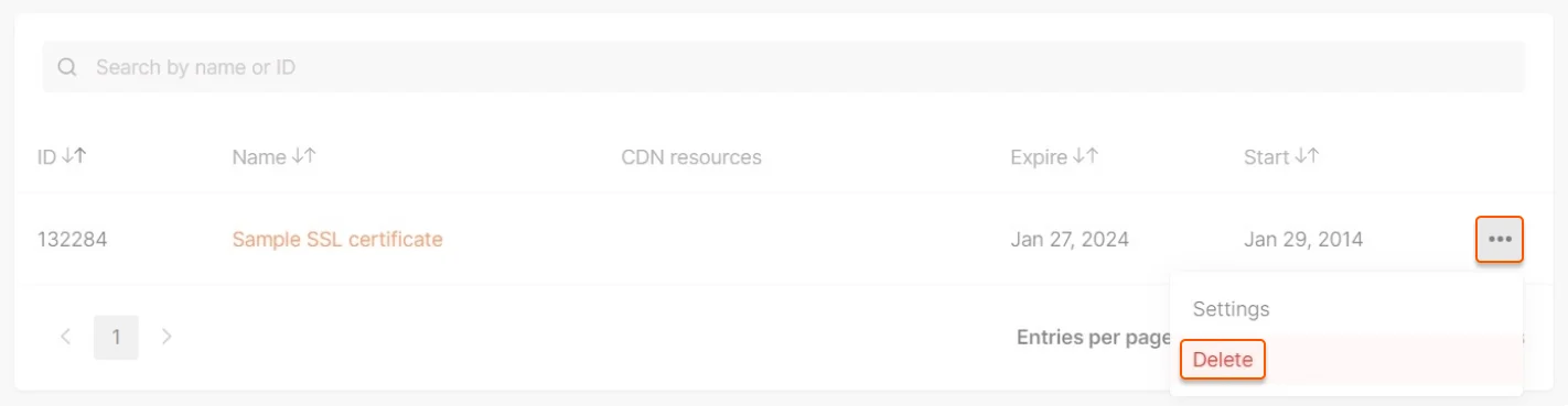 Delete an SSL certificate