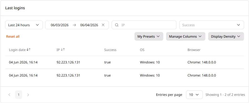 Last logins section showing filters, toolbar, and login history table