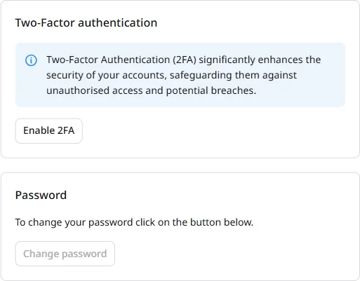 Two-factor authentication and Password sections in My profile