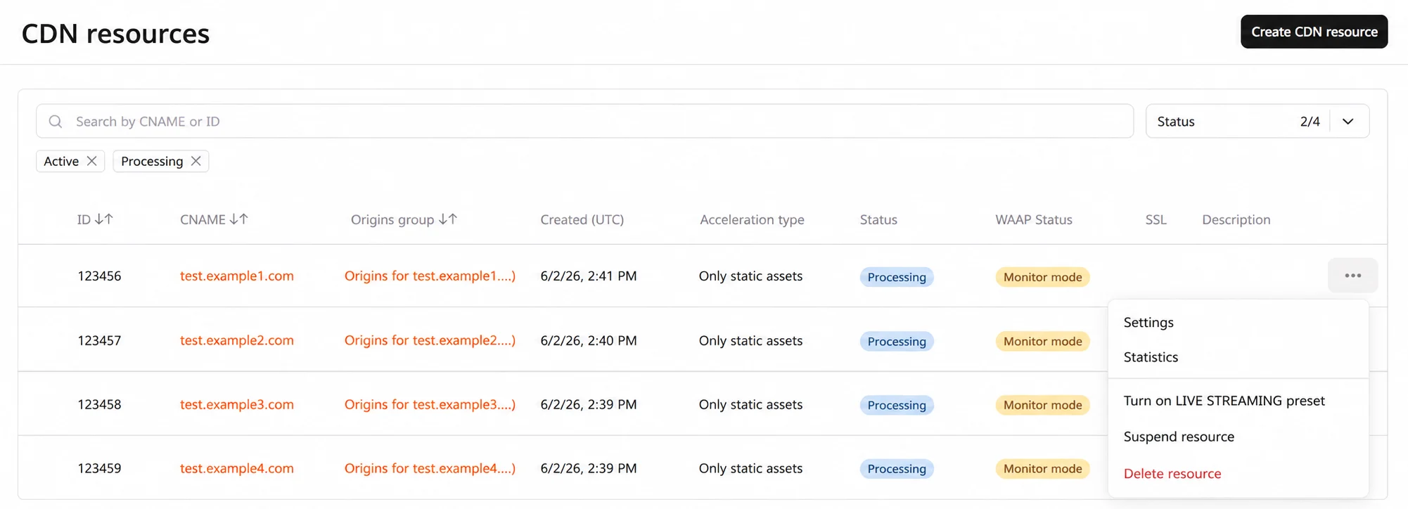 CDN resource three-dot menu showing management options