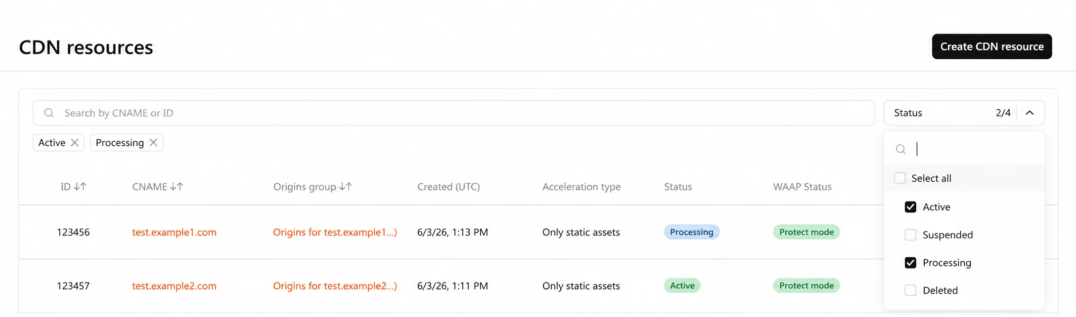 Status filter dropdown showing filter options: Active, Suspended, Processing, and Deleted