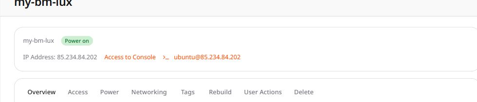 Bare Metal page with Access to Console and the ubuntu login