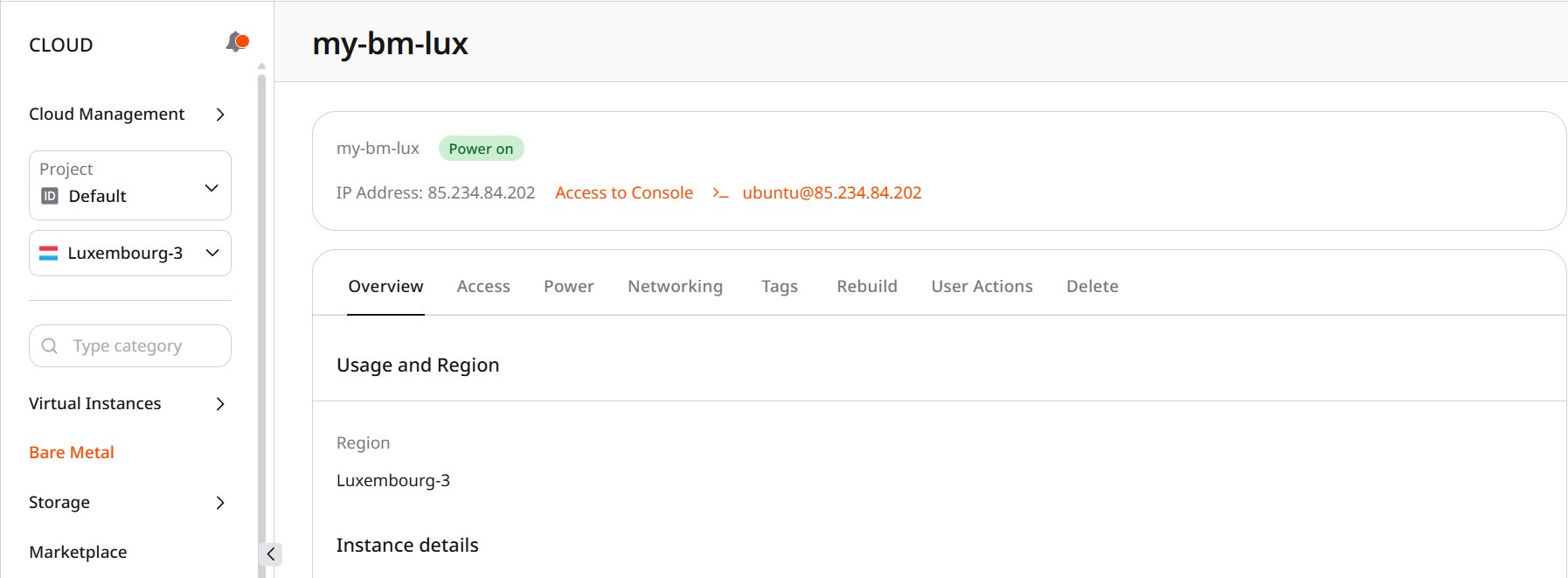 Bare Metal server page with Access to Console beside the IP address