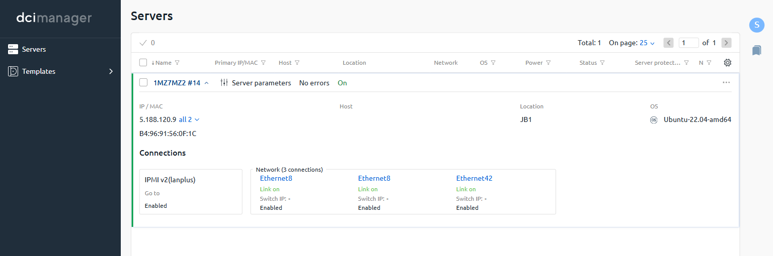 DCImanager server row expanded showing the Connections section with IPMI v2(lanplus) and Go to link