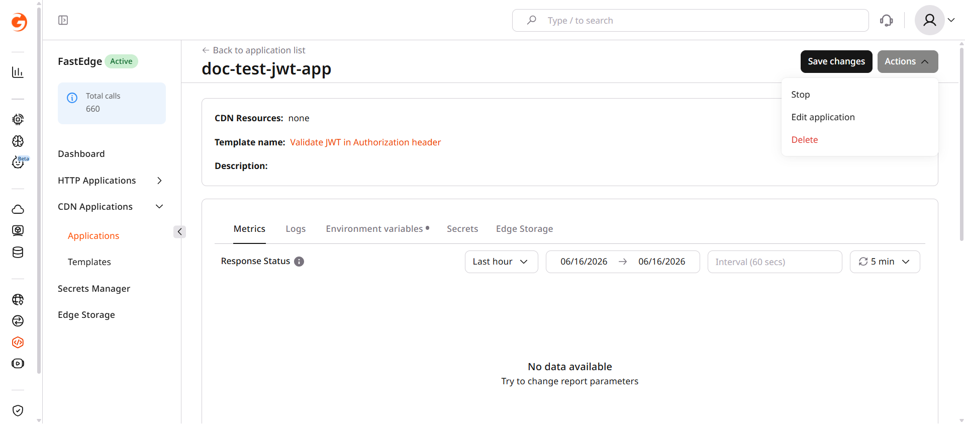 Application overview page with Actions menu showing Edit application option