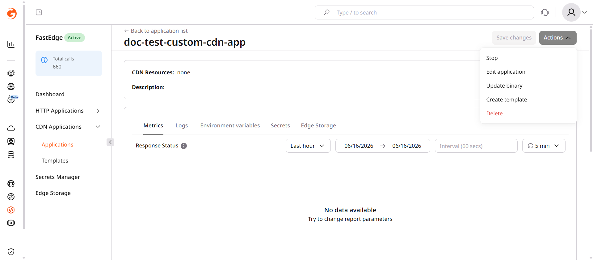 Application overview page with Actions menu showing Edit application option