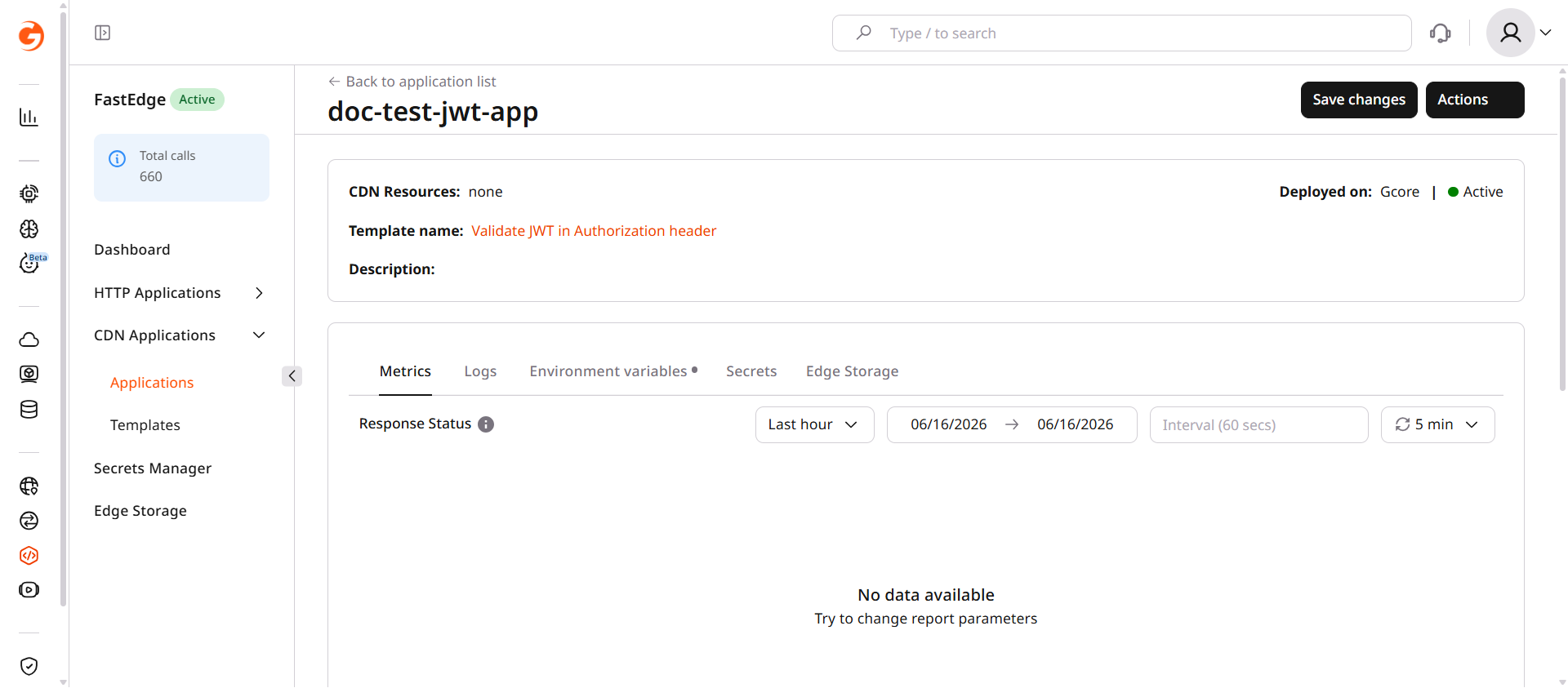 Application overview page showing active status