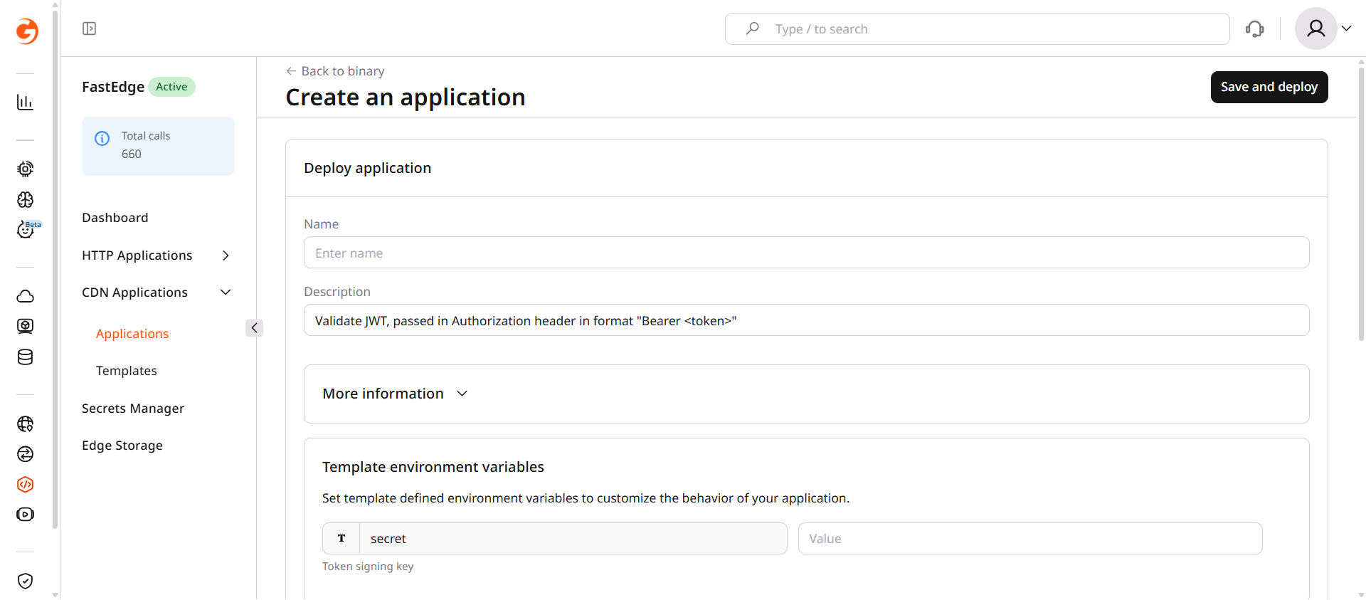 JWT template configuration form with Name and environment variables fields