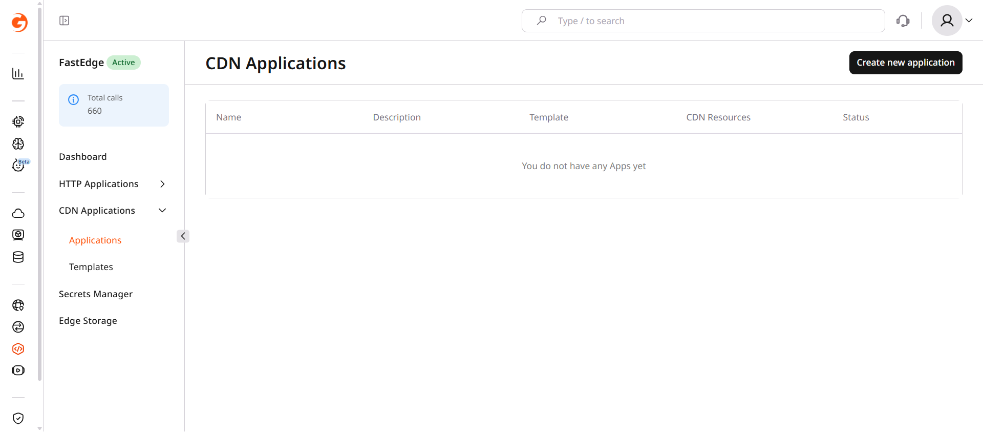 CDN Applications page with Create new application button