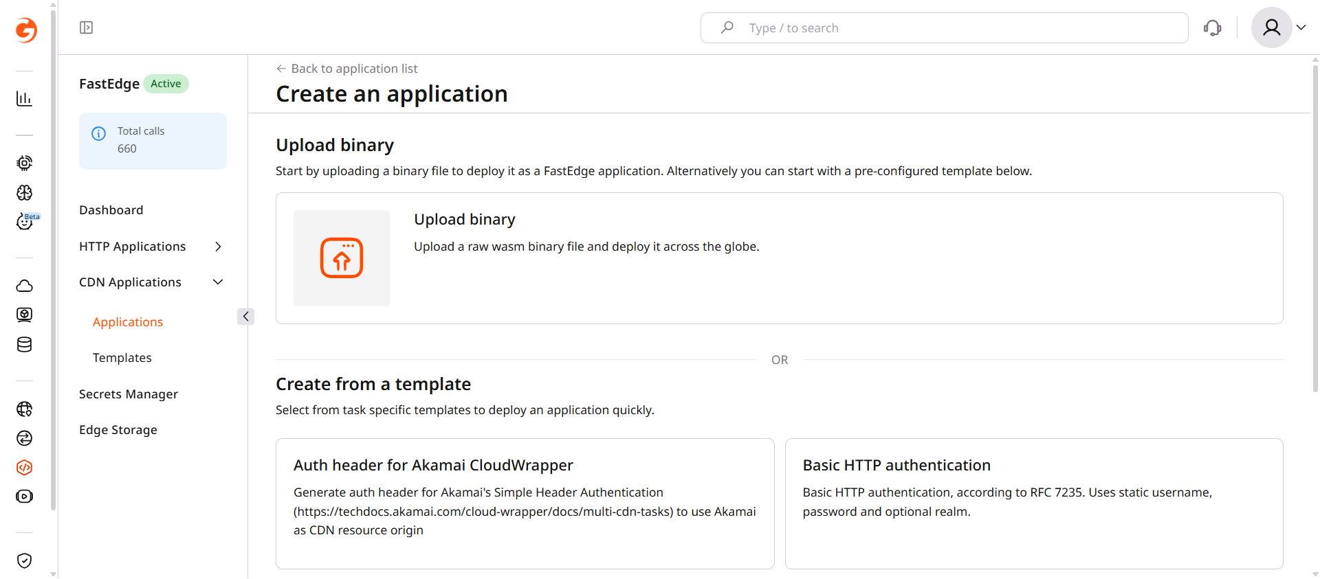 Create application page with Upload binary card