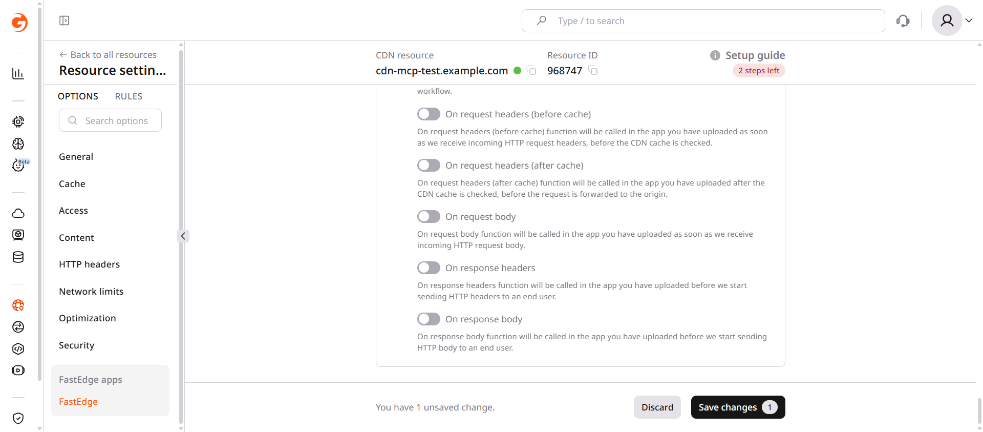 CDN resource settings showing FastEdge apps section with event toggles