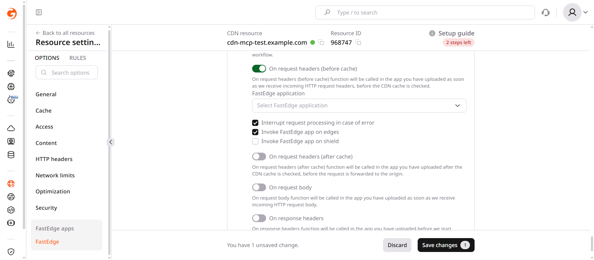 FastEdge apps section with On request headers enabled and application dropdown