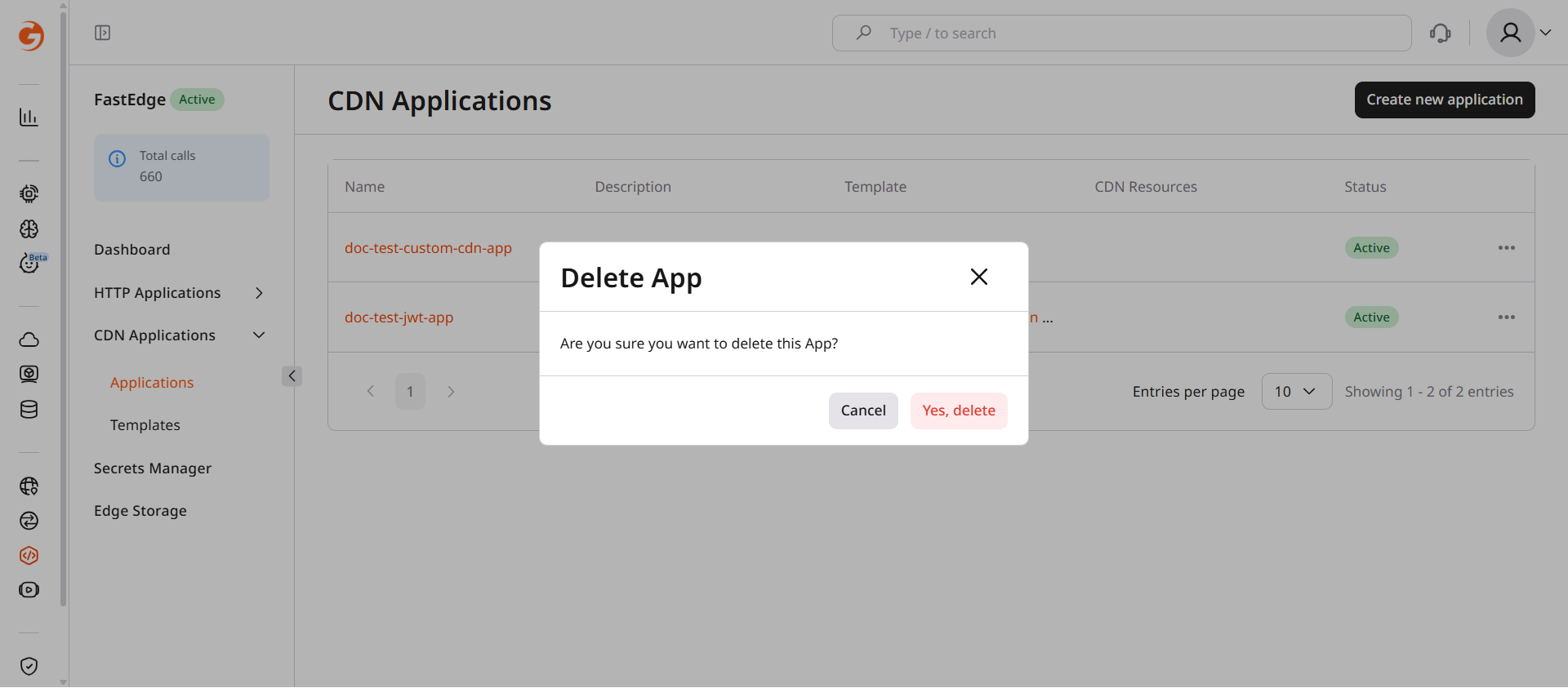 Delete app confirmation dialog