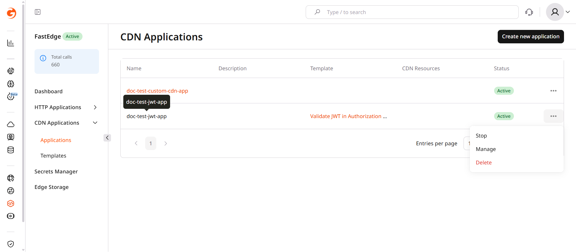 CDN Applications list with three-dot menu open showing Delete option