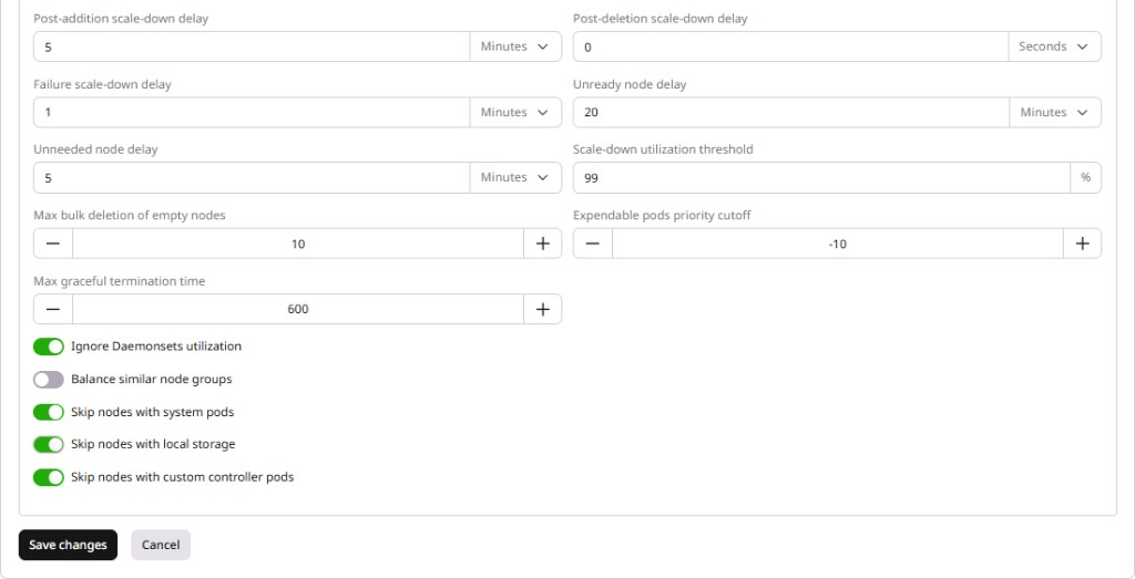 Cluster Autoscaler settings form showing scale-down delays, utilization threshold, and toggle options