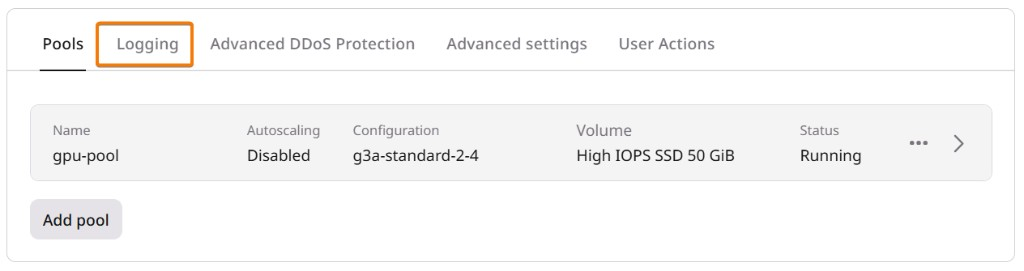 Cluster detail page with the Logging tab highlighted