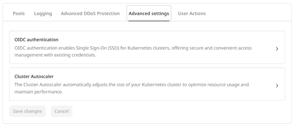 Advanced settings tab showing OIDC authentication and Cluster Autoscaler sections