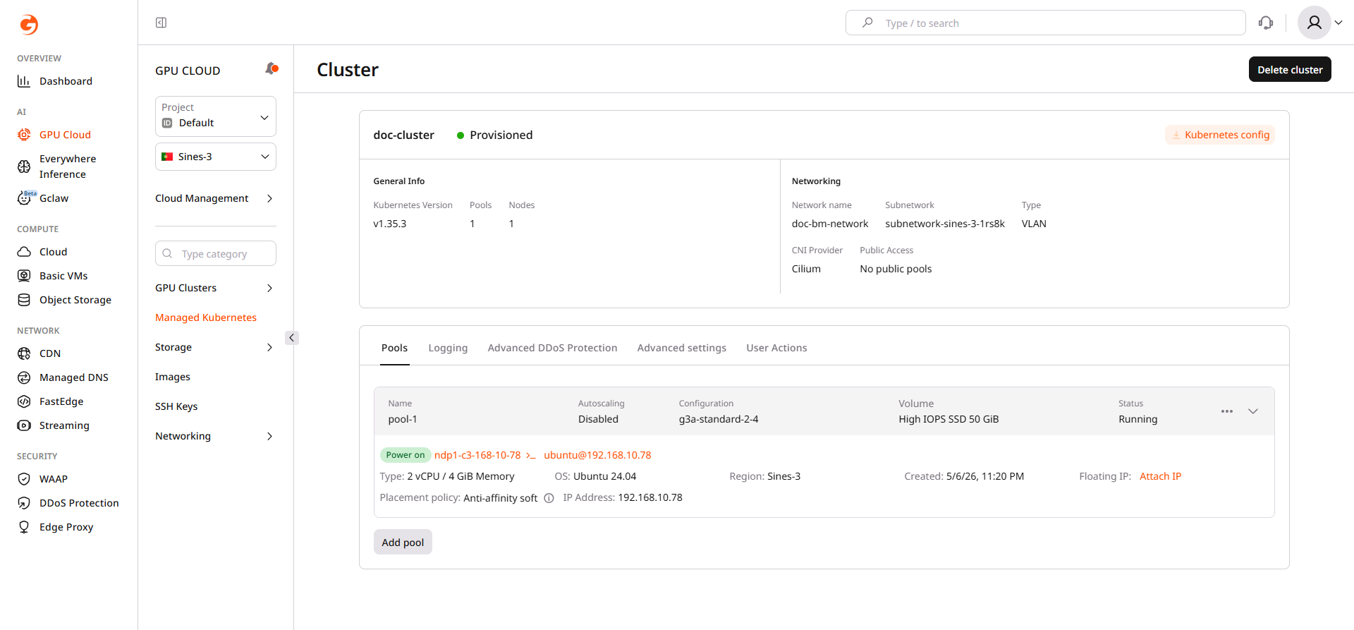 Cluster overview page with the Kubernetes config button highlighted