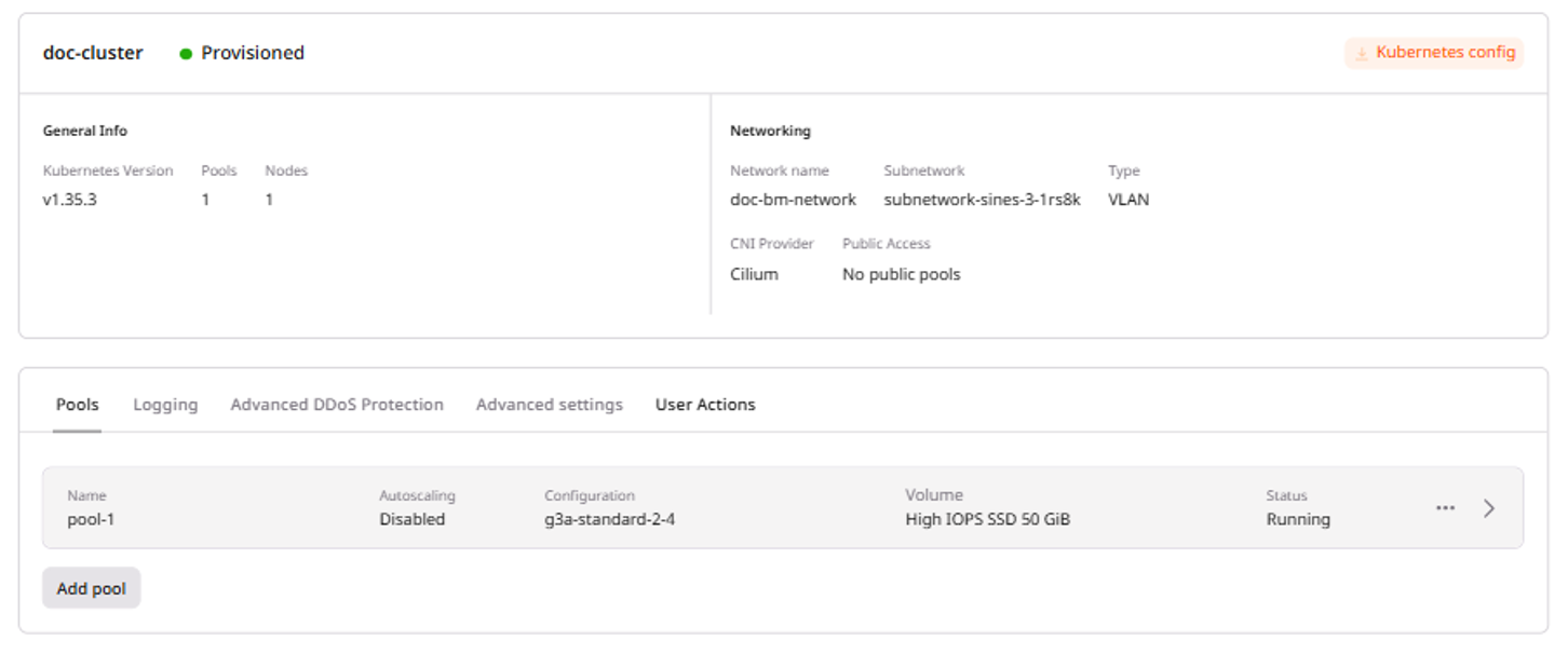 Cluster overview page showing status, networking info, and management tabs