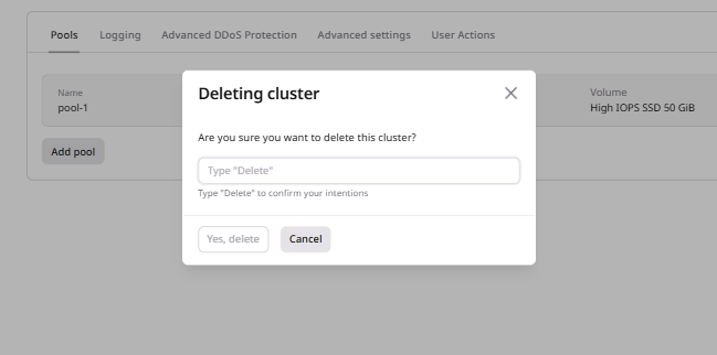 Delete cluster confirmation dialog requiring 'Delete' text input