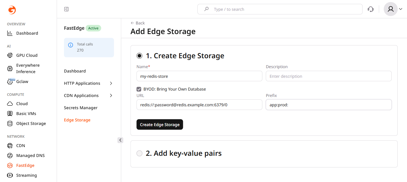 Add Edge Storage form with BYOD checkbox selected, URL and Prefix fields filled in
