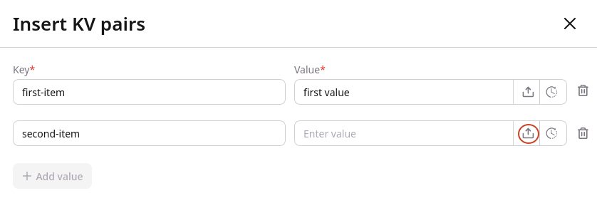 Upload icon in the key-value pair row
