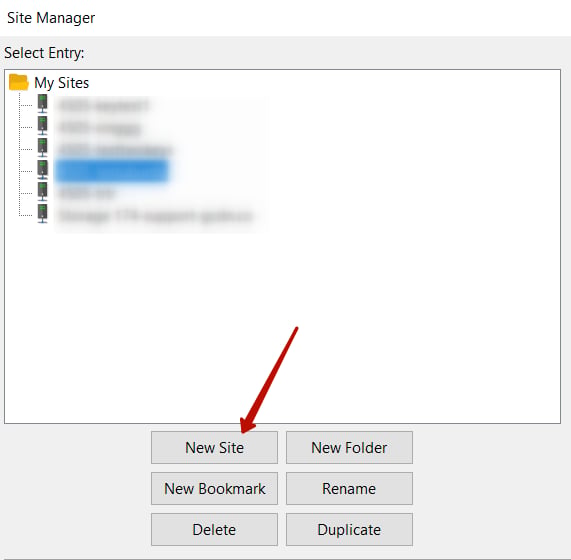 FileZilla Site Manager dialog with the New Site button highlighted