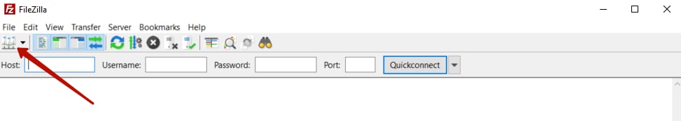 FileZilla toolbar with arrow pointing to the Site Manager icon