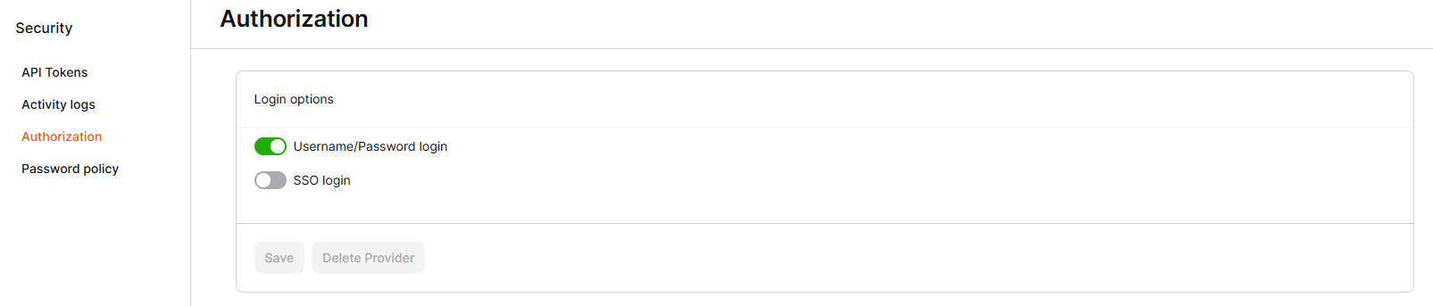 Authorization settings with Username/Password login and SSO login toggles
