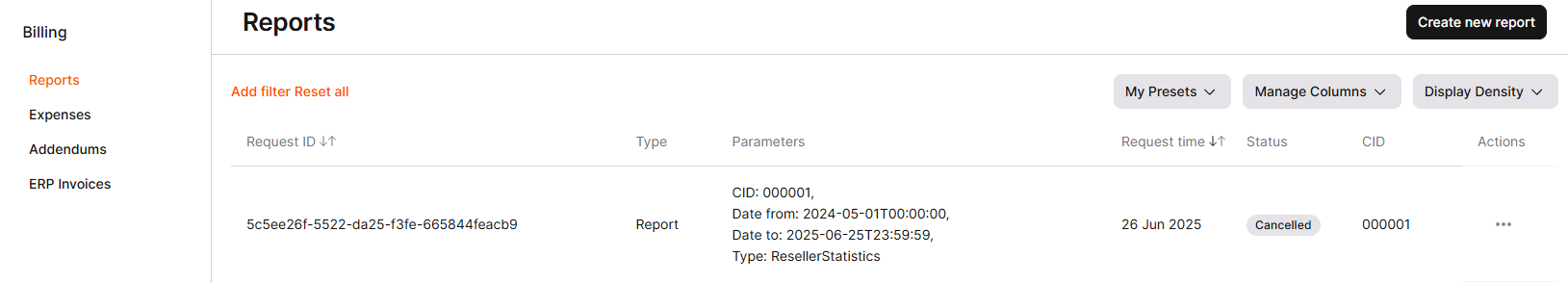 Reports page with the Create new report button and report history table