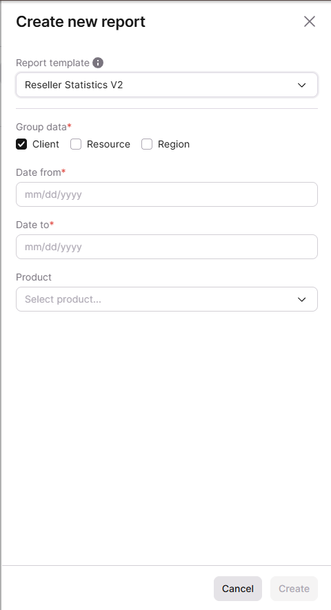 Create new report dialog with the Reseller Statistics V2 template selected