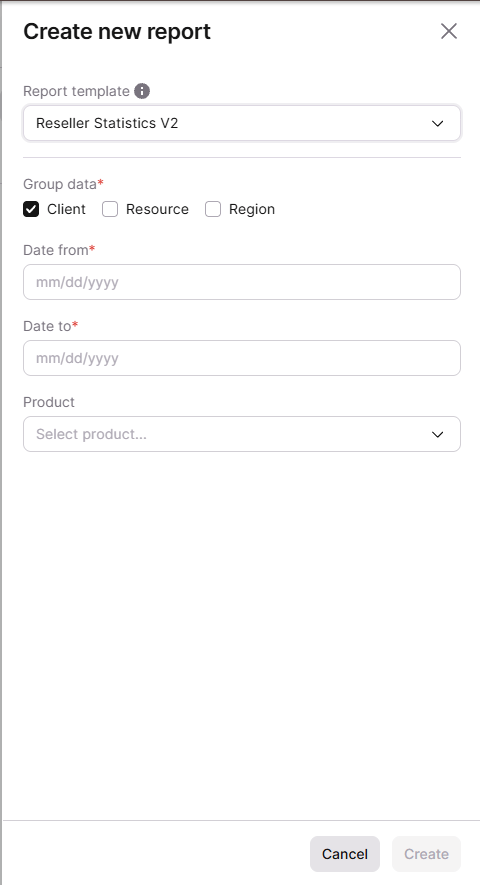 Create new report dialog with the Reseller Statistics V2 template selected