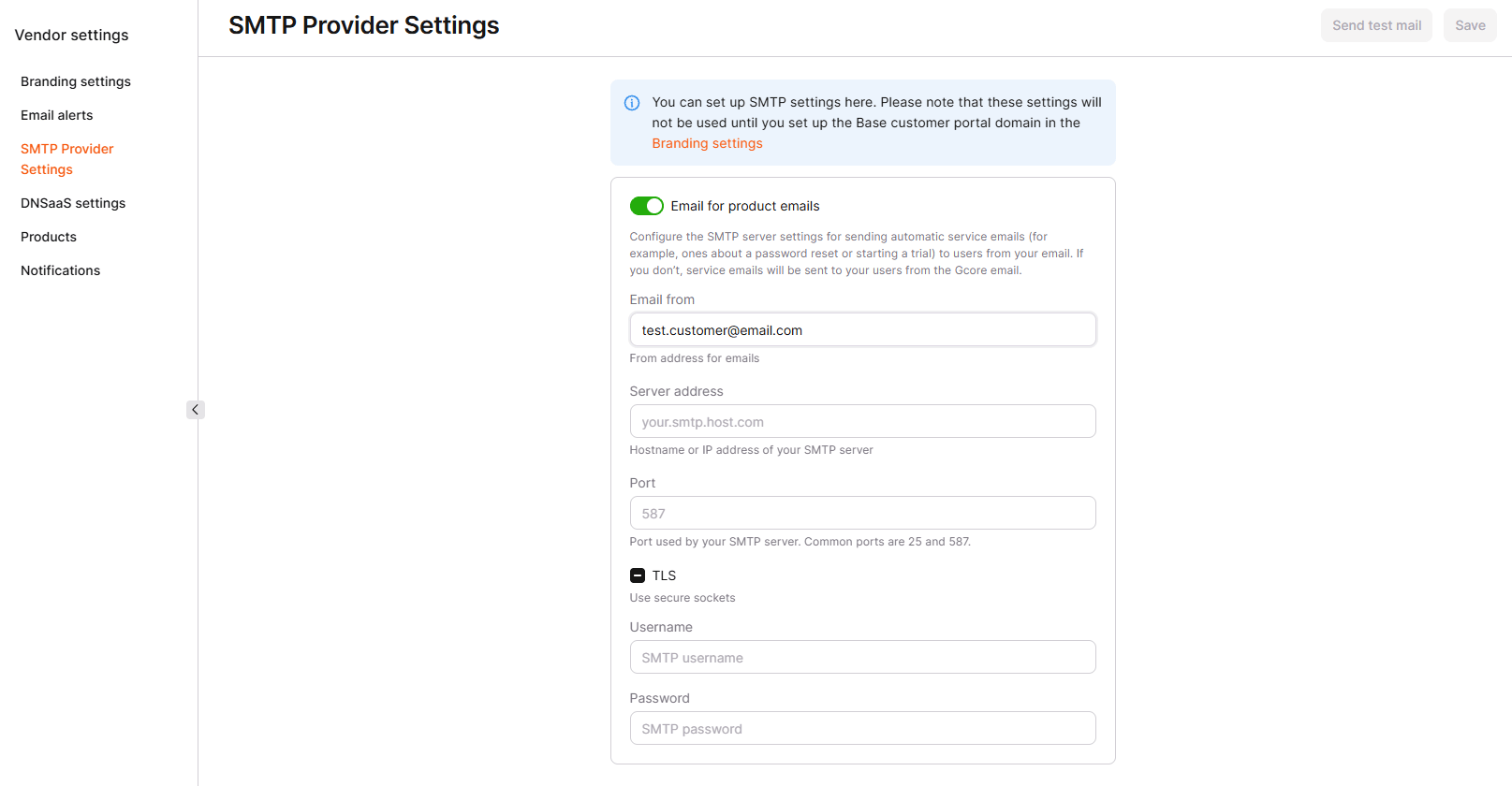 SMTP Provider Settings form with product emails enabled