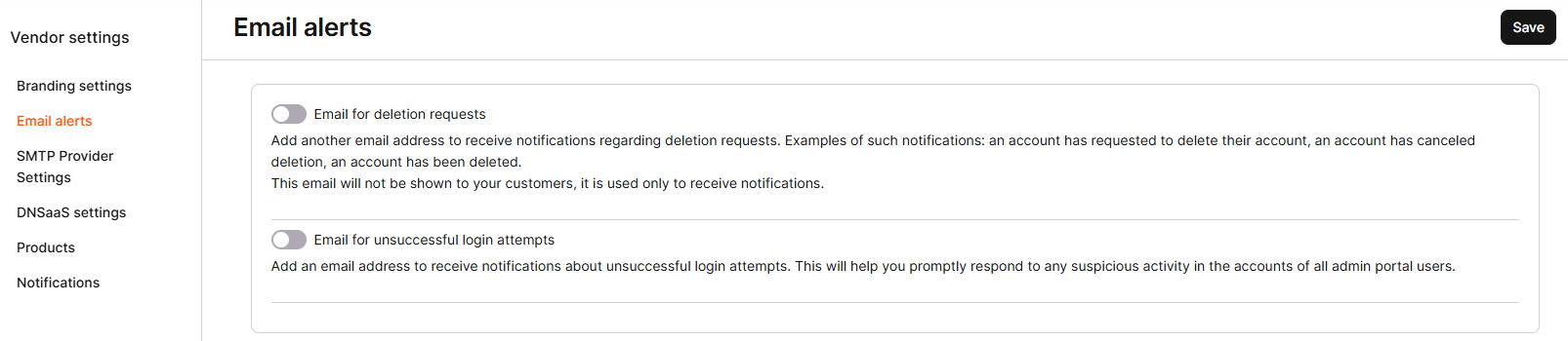 Email alerts settings with deletion request and login attempt toggles