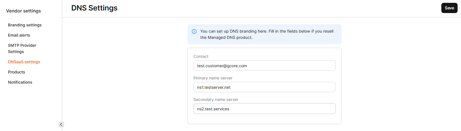 DNS Settings with contact and name server fields