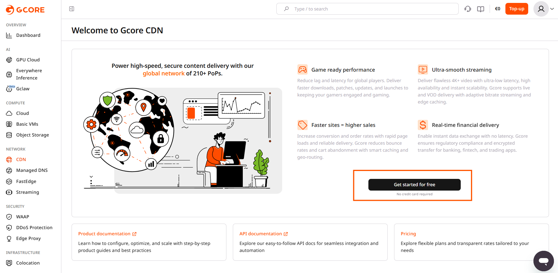 Welcome page for a service with a Get started for free button