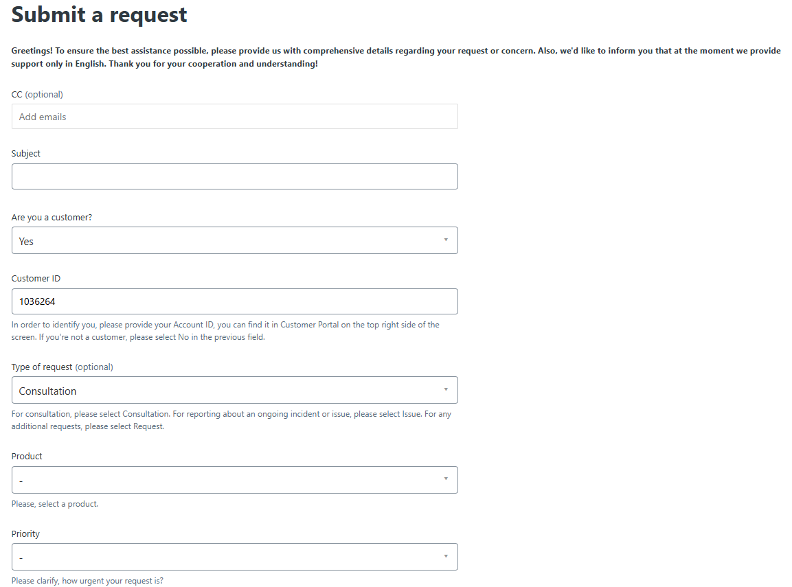Submit a request form with Customer ID, Type of request, Product, and Priority fields