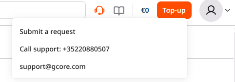Headset icon menu with Submit a request, Call support, and email options