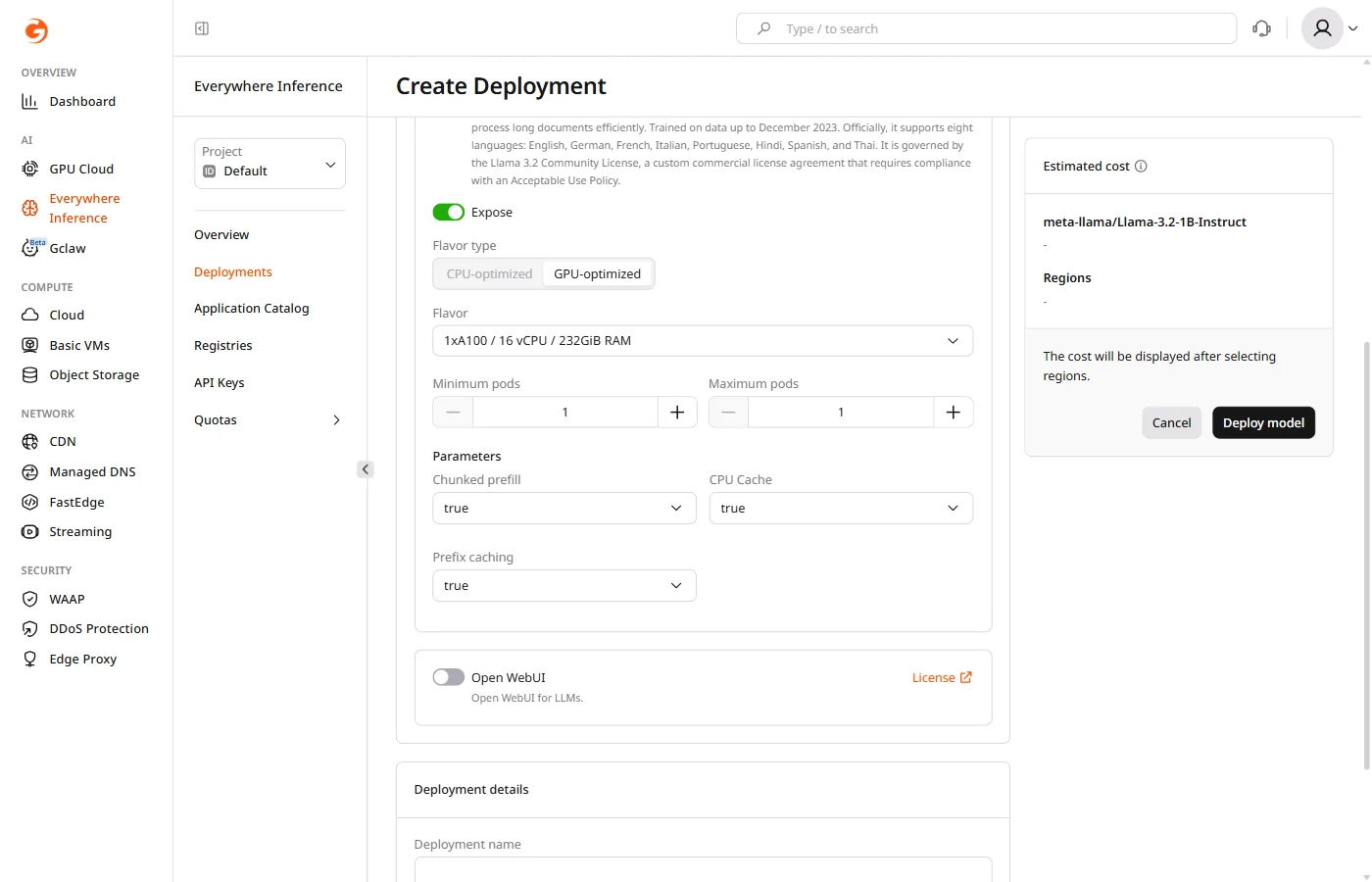 Application modules section showing Parameters and Open WebUI module