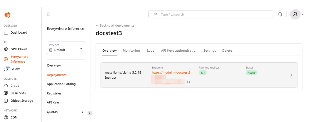 Deployment overview showing endpoint URL