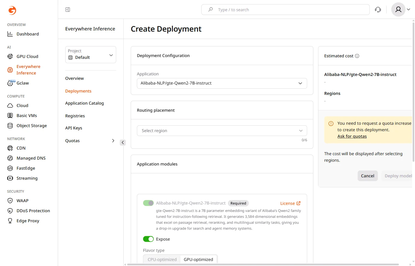 Create Deployment form — Deployment Configuration and Routing placement sections