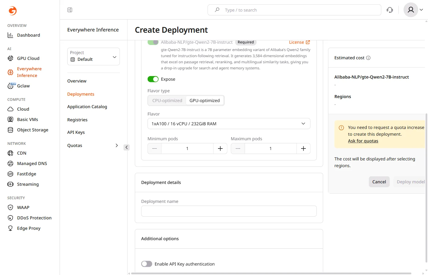Create Deployment form — Application modules, Deployment details, and Additional options sections