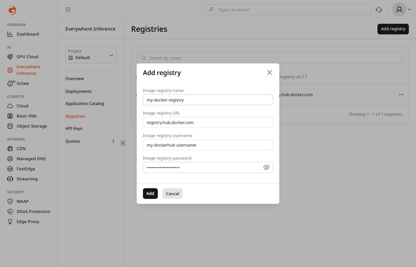 Add registry dialog filled with Docker Hub example values