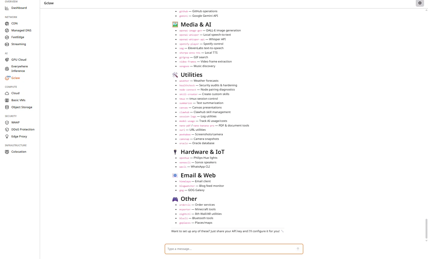 Gclaw listing available skills by category