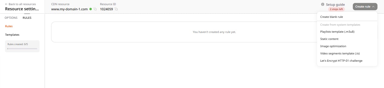 Create rule dropdown showing Create blank rule option and system templates list