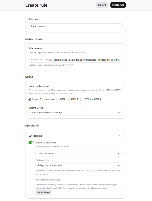 Create rule form pre-filled with settings from the selected template