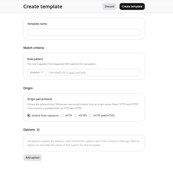 Create template form with Template name, Match criteria, Origin pull protocol, and Options fields