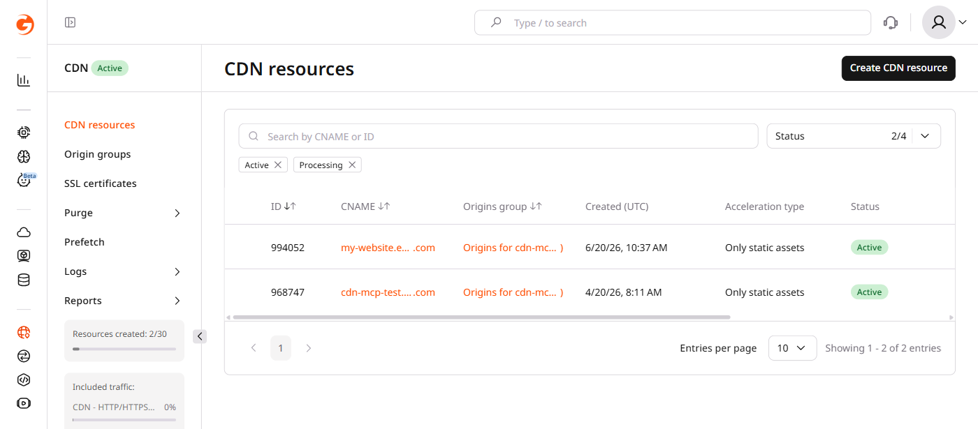 CDN resources list with the Create CDN resource button